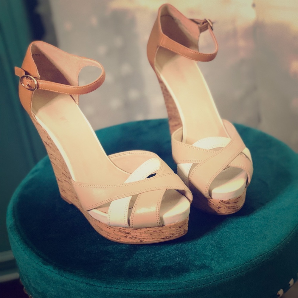Nine West Nude and White Cork Wedges .